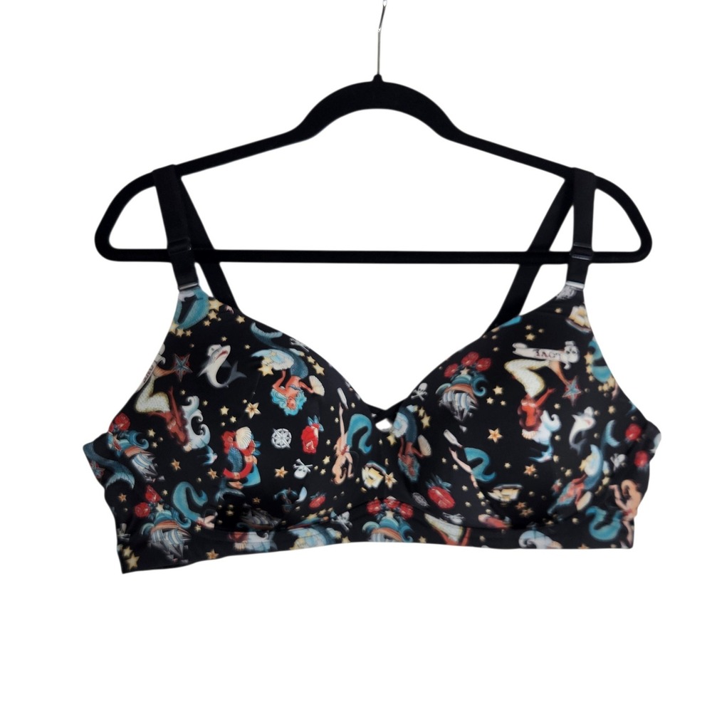 Torrid Curve Wireless Bra 46C Black Mermaid Nautical Tattoo Print Bra
